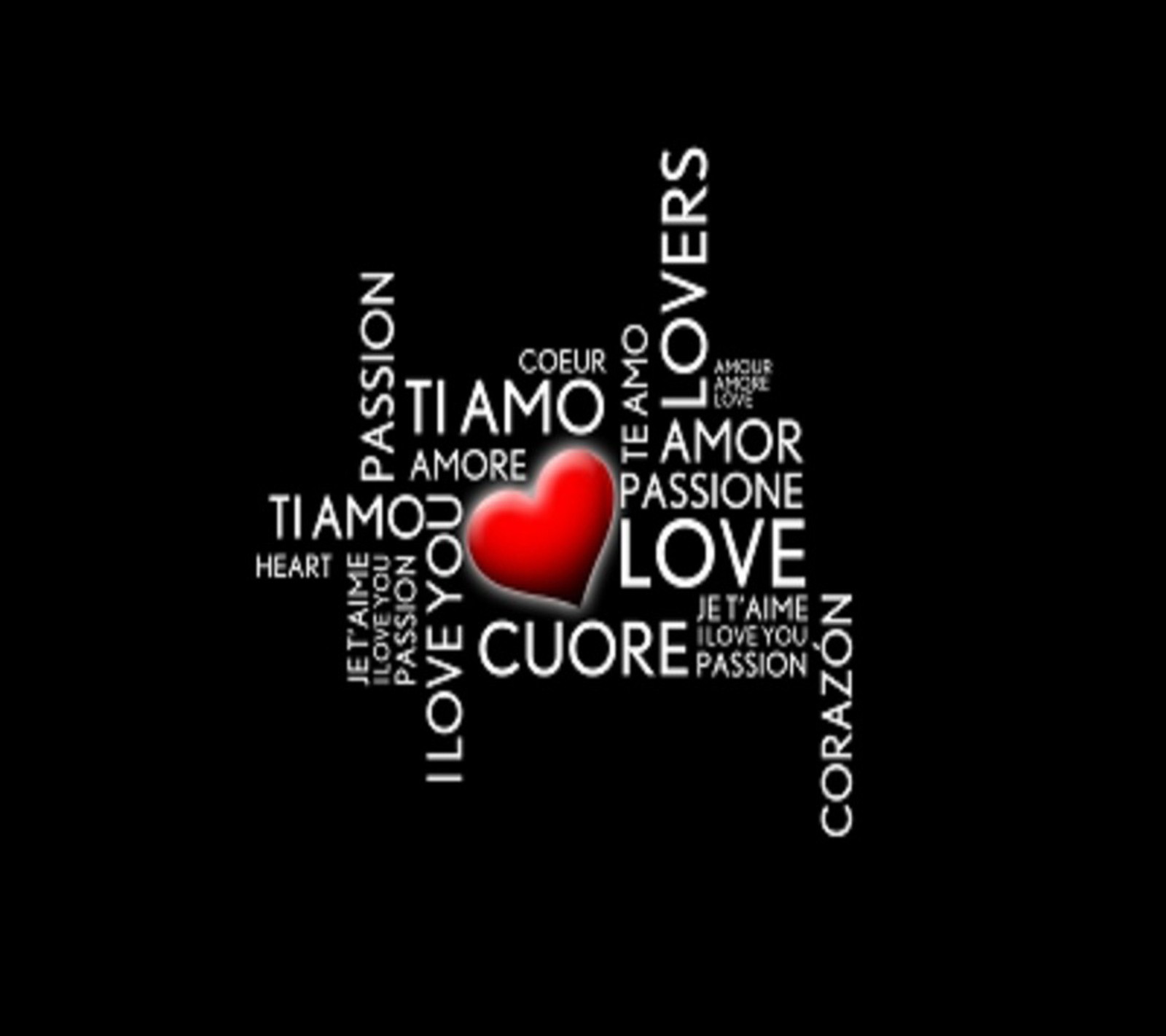 A heart shaped word cloud with words about love in different languages (love, wallpaper)