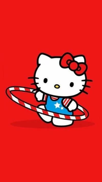 Hola Kitty haciendo hula hoop en un fondo rojo brillante