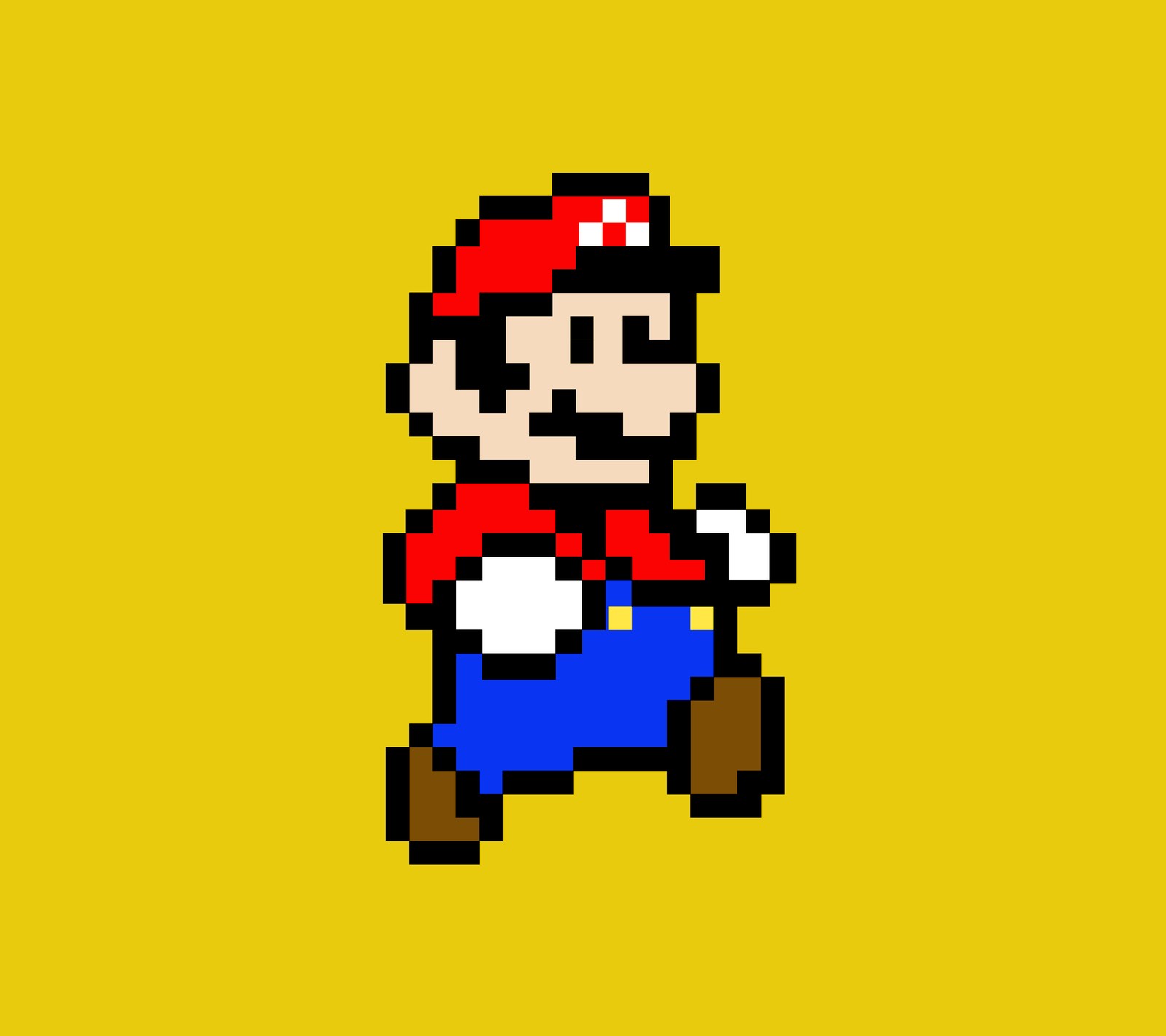 Um close de um personagem do mario bros em estilo pixel em um fundo amarelo (design, jogo)