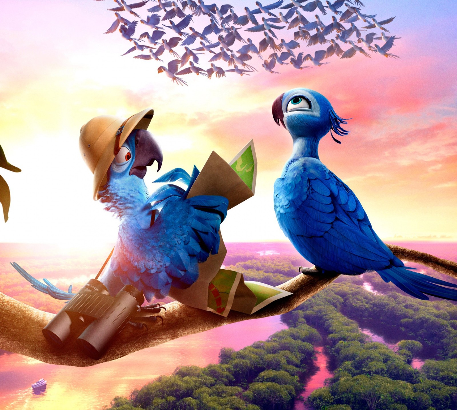 Il y a deux oiseaux assis sur une branche avec un livre (oiseaux, bleu, rio, rio 2)