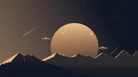 Paisaje minimalista de medianoche con un objeto astronómico y estrellas fugaces