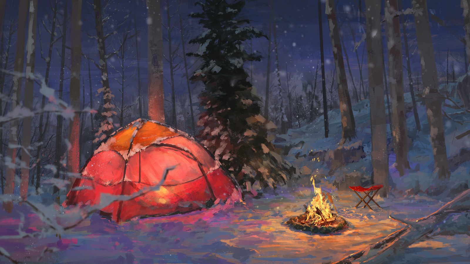 Painting of a tent in the snow with a campfire in the foreground (night, winter, camping, bonfire, campfire)