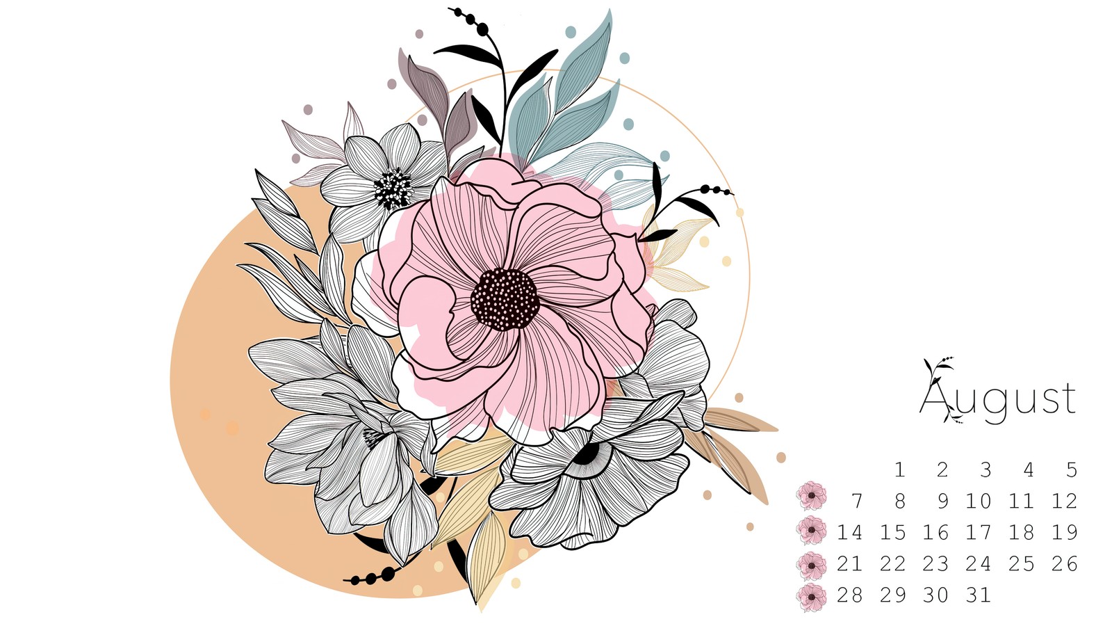 Un calendario con un diseño floral y una flor rosa (2023, calendario de agosto, floral, ilustración, sencillo)