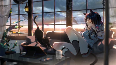 Fille d'anime se relaxant avec un chat au coucher du soleil