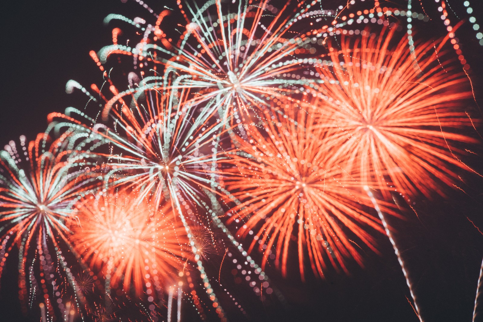 Feuerwerke erleuchten den dunklen himmel mit roten und grünen farben (feuerwerk, unabhängigkeitstag, neujahrstag, natur, rot)