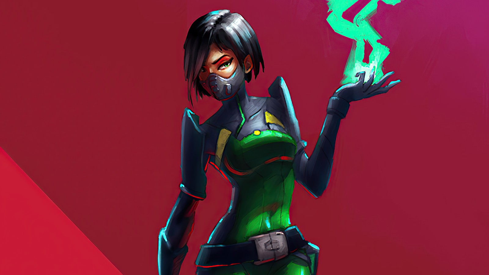 A close up of a person in a green outfit holding a green object (valorant, video game, viper, art)