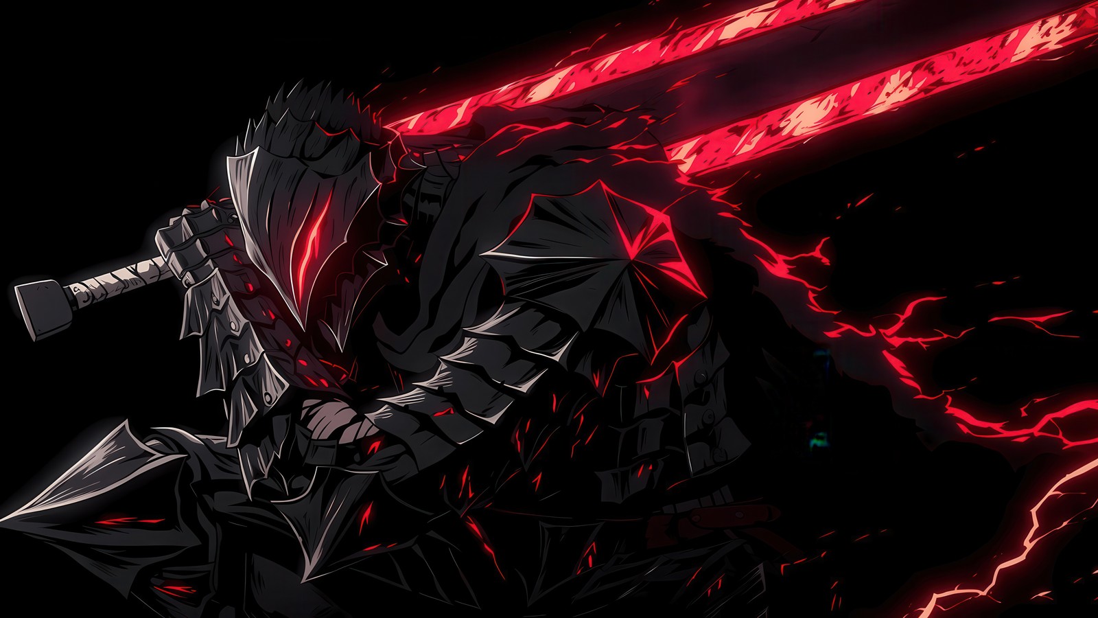 Anime, preto e vermelho, cara, espada, espada, espada, espada, espada, espada (guts, amoled, armadura berserker, fundo preto, 5k)