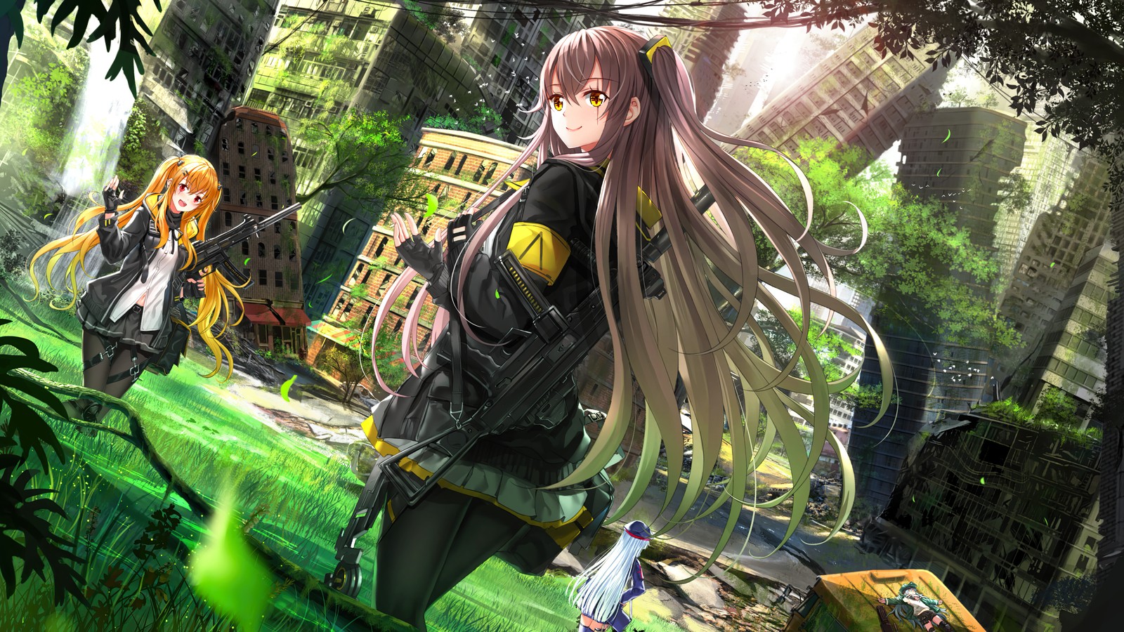 Fille anime avec de longs cheveux marchant dans l'herbe près d'un bâtiment (anime, girls frontline, jeu vidéo, ump45, ump9)