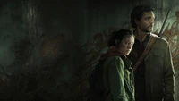 Joel and Ellie in a tense moment against a haunting backdrop in "The Last of Us" series.