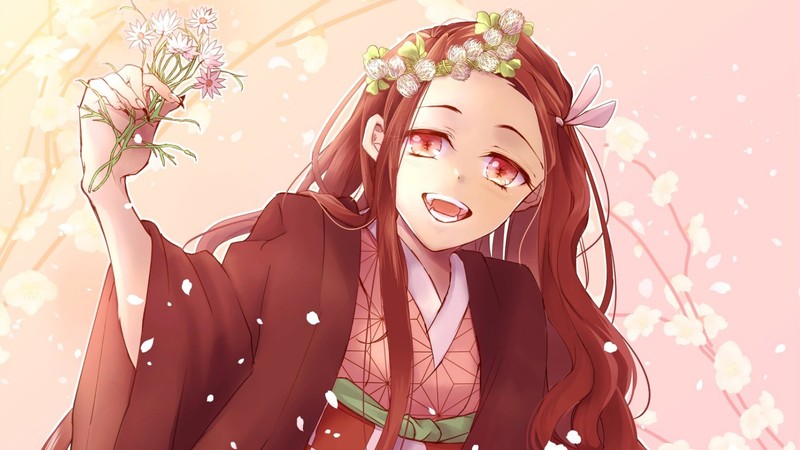 Аниме, женщина в кимоно с цветком (nezuko kamado, kimetsu no yaiba, убийца демонов кимэцу но яиба, demon slayer kimetsu no yaiba, аниме)