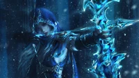 Ashe, the Frost Archer, poised with a crystalline bow in a snowy, mystical landscape.