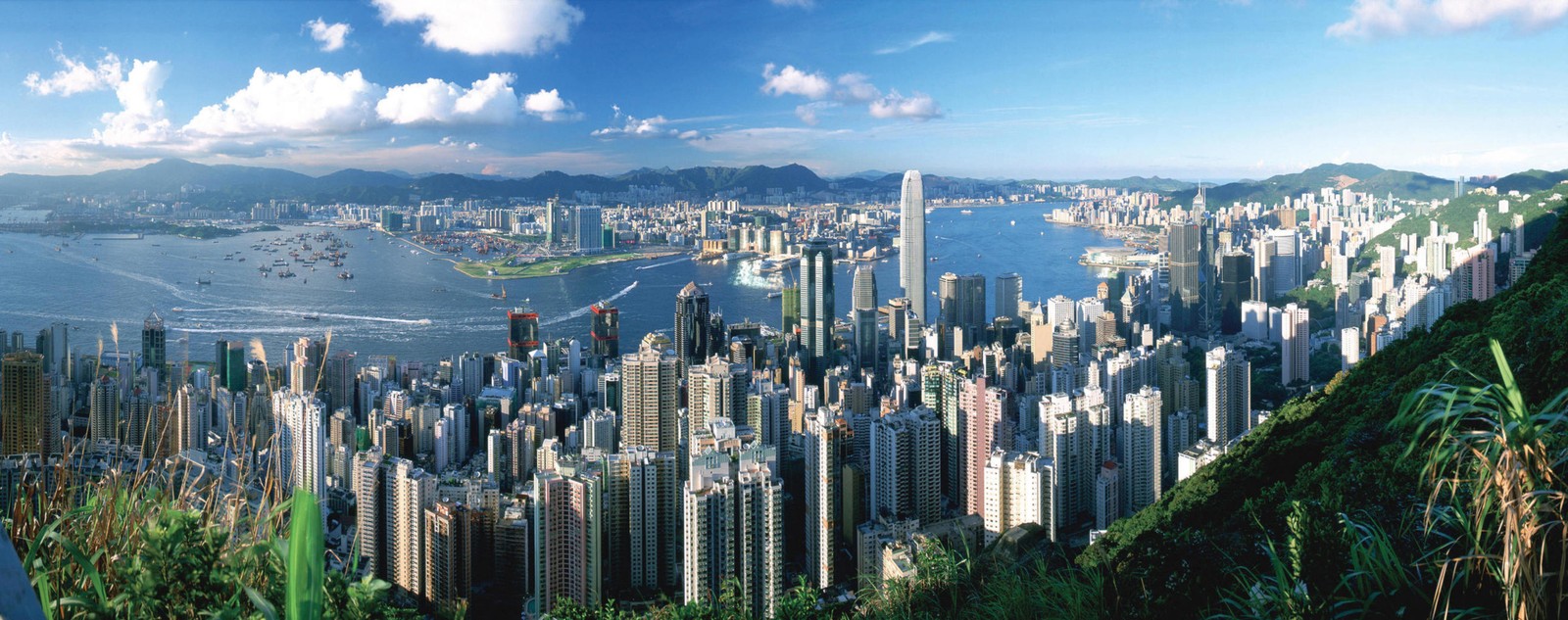 Uma vista de uma cidade com prédios altos e um corpo de água (victoria peak, victoria harbour, cidade, paisagem urbana, área urbana)