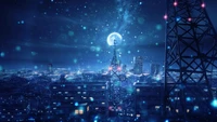 Dreamy Blue Cityscape Under a Snowy Moonlit Night