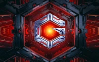 Futuristic Abstract Design with Hexagonal Tech Elements and Vibrant Red Glow