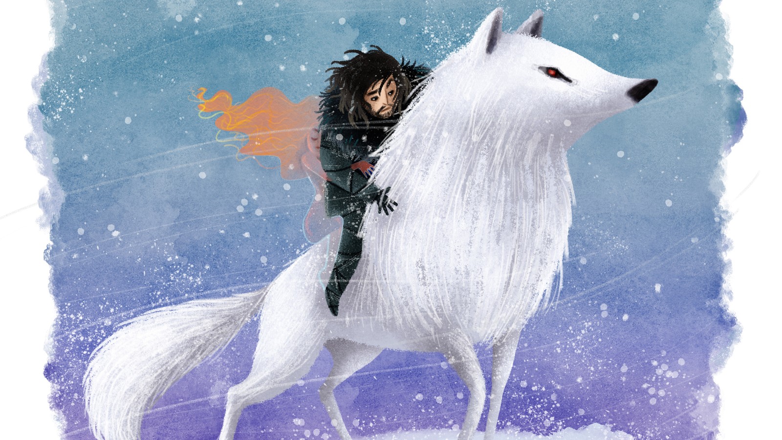 Um close em uma pessoa montando um cavalo branco na neve (jon snow, arte de fãs, arte, canidae, ilustração)