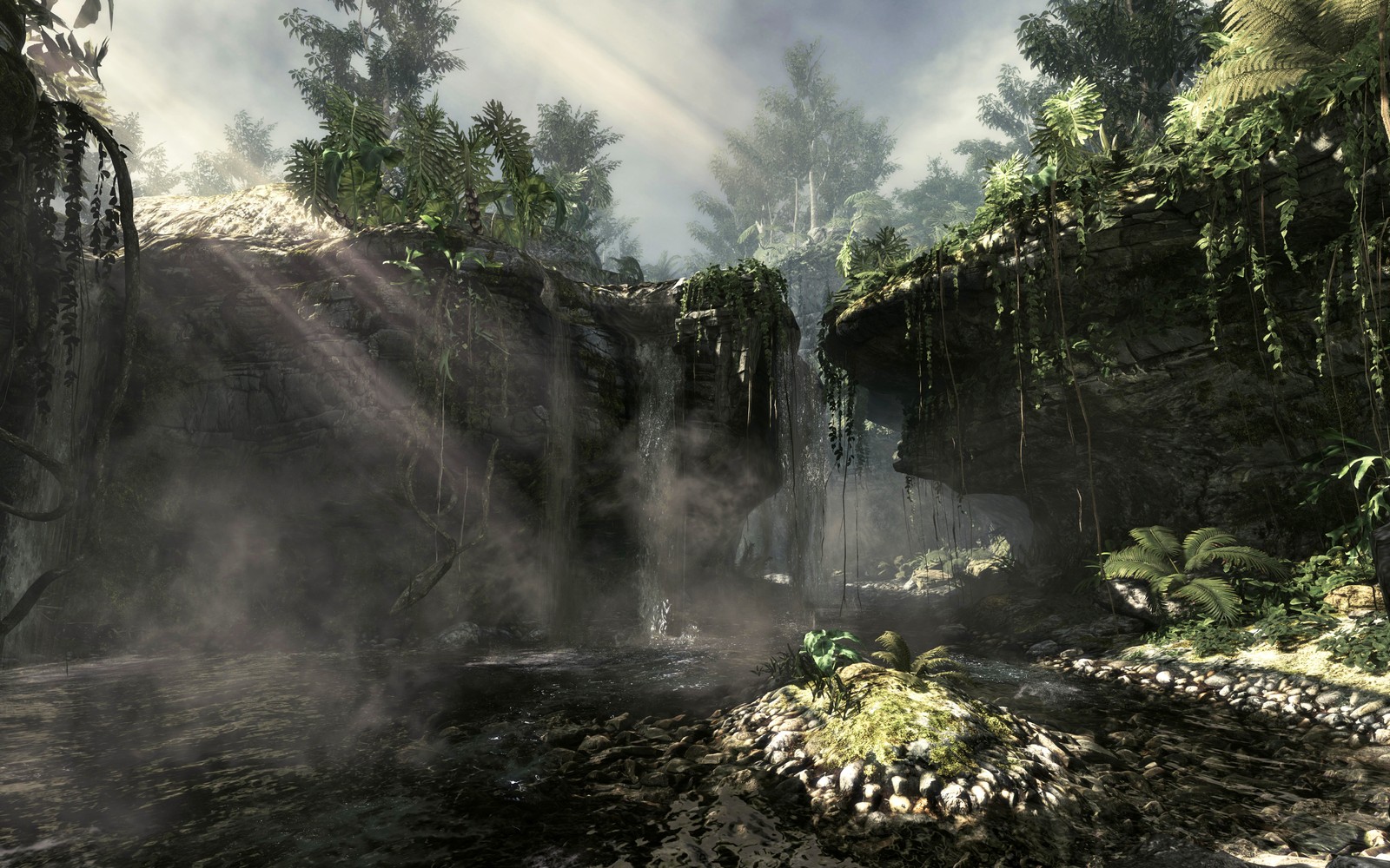 A close up of a waterfall in a forest with a sky background (call of duty ghosts, call of duty black ops ii, activision, infinity ward, vegetation)