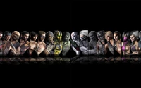 Línea de personajes de Mortal Kombat X: Luchadores icónicos en ilustración dinámica.