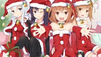 Quatro garotas de anime em trajes festivos de Papai Noel, celebrando alegremente o Natal com poses brincalhonas e decorações de feriado.