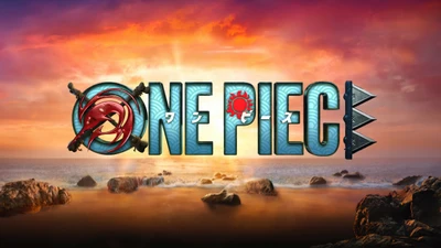 Logo de One Piece contra un vibrante paisaje marino al atardecer