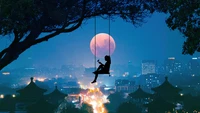 Silhouette of a Girl on a Swing Under the Full Moon in a Cityscape at Night