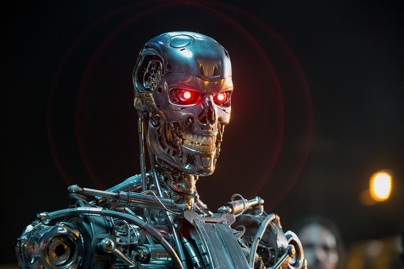 Крупный план робота с красными глазами и красным светом (терминатор, terminator, the terminator, робот, научная фантастика)