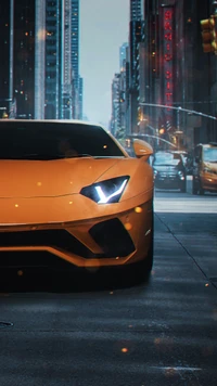 Lamborghini Aventador in urban setting, showcasing sleek design and striking headlights amidst cityscape.