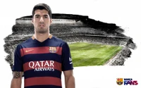 Luis Suárez in FC Barcelona jersey against a stadium backdrop.