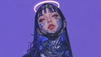 Futuristic Nun with Intricate Tattoos and a Halo