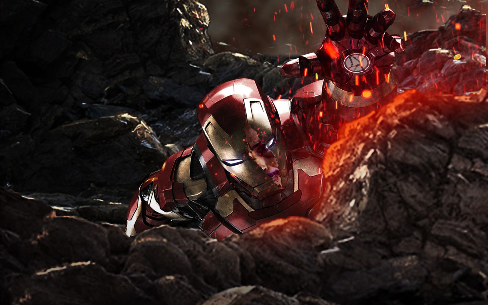 Avengers war machine in a rocky area with a red light (iron man, spider man, the avengers, pc game, darkness)