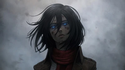 Mikasa Ackerman en un momento sombrío, personificando la fuerza y la resiliencia en medio de un fondo turbulento.