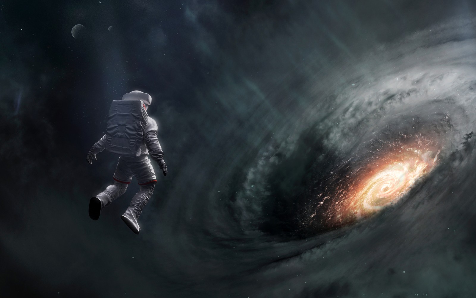 An astronaut in a space suit is flying through a spiral (anomaly, astronaut, black hole, cosmos, astronomy)