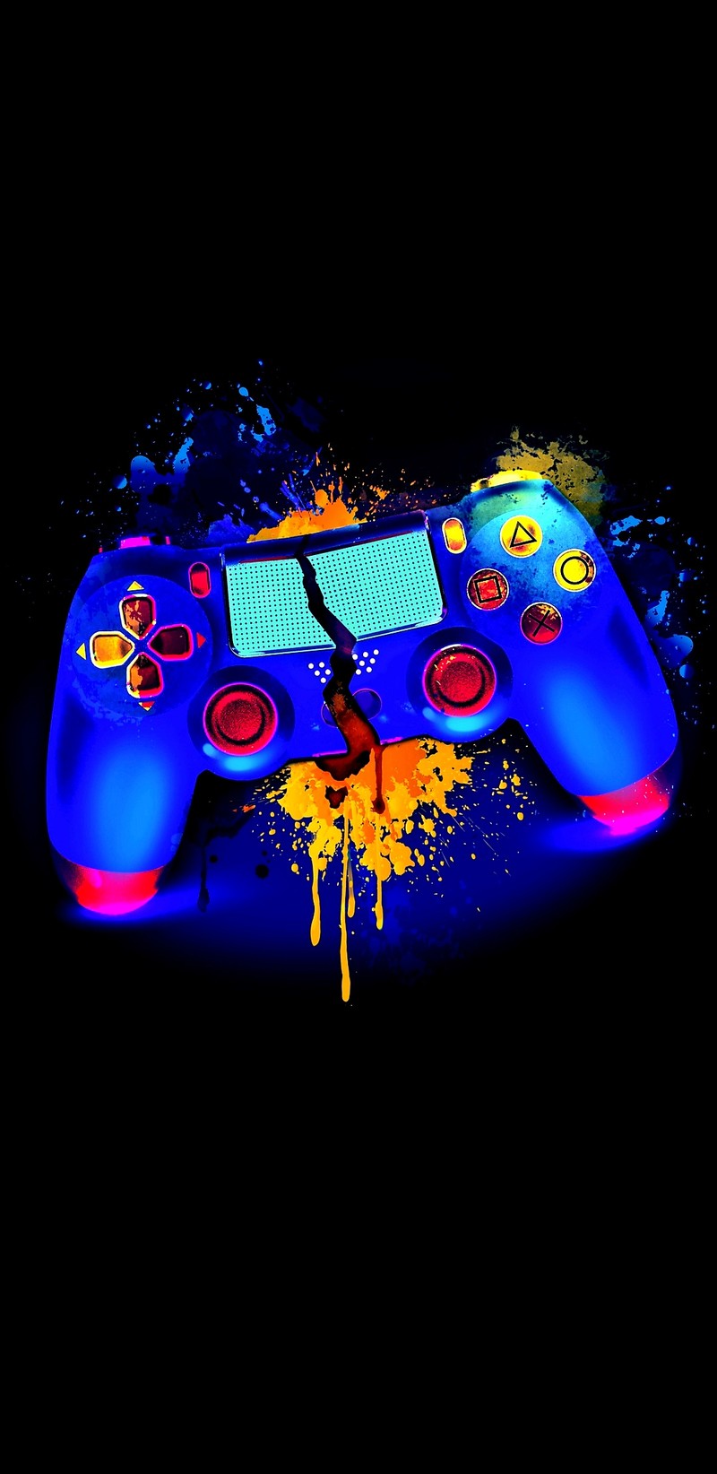 A close up of a game controller with a splattered paint on it (art, fantasy, theme)