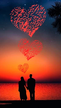 pareja, corazón, horizonte, paisaje, amor