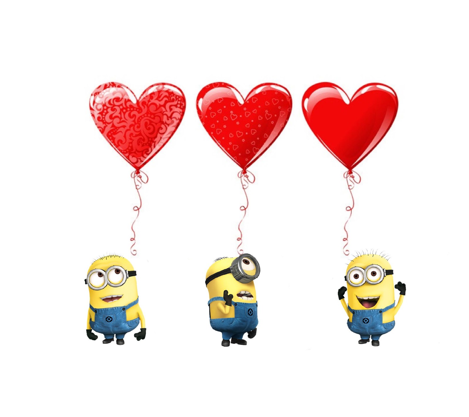 Trois minions avec des ballons en forme de cœur en forme de minion (ballons, mignon, cœurs, amour, minions)