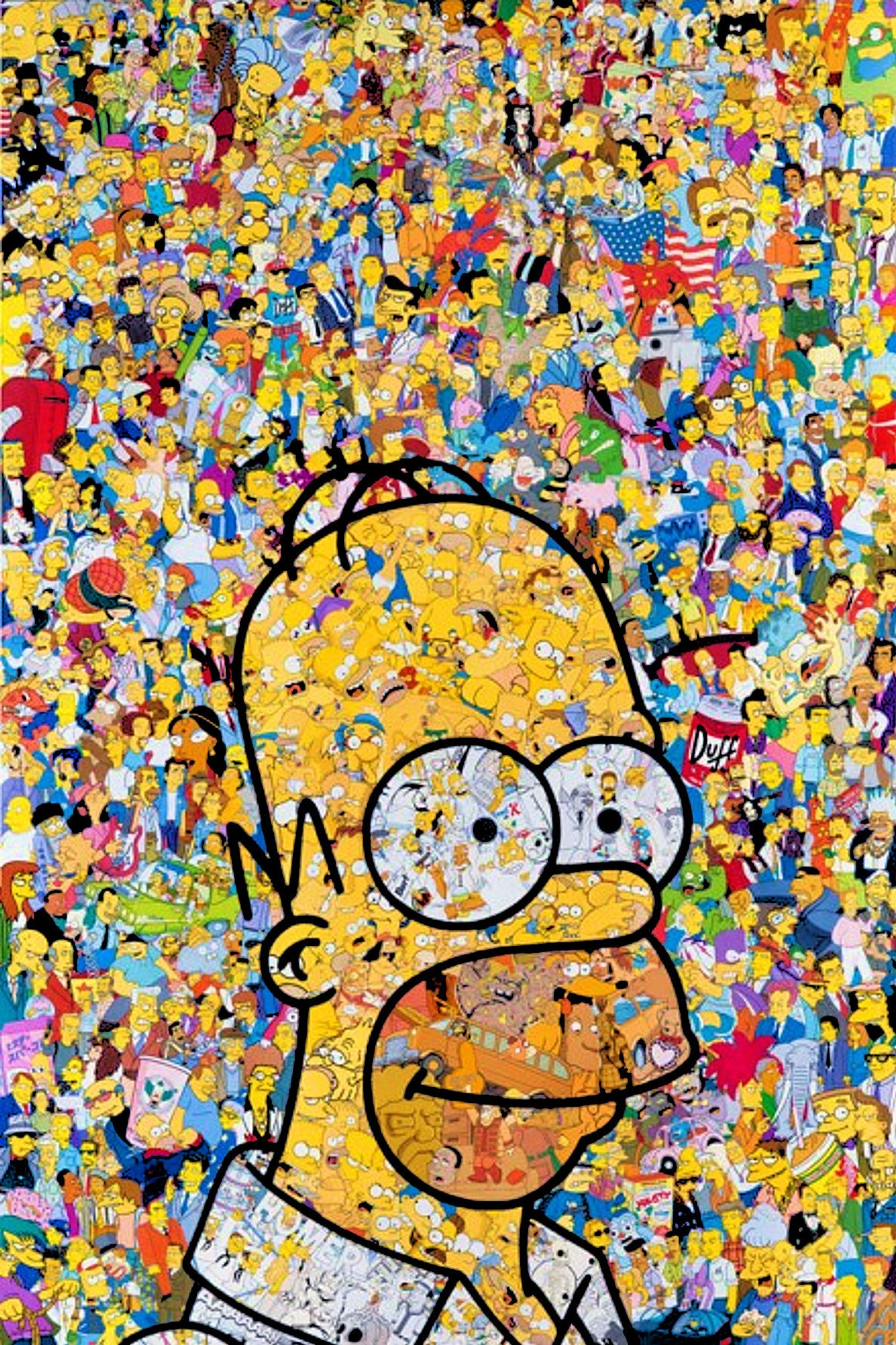 Un primer plano de una pintura de un hombre con muchos rostros diferentes (caricatura, cómic, cómics, homero, simpsons)