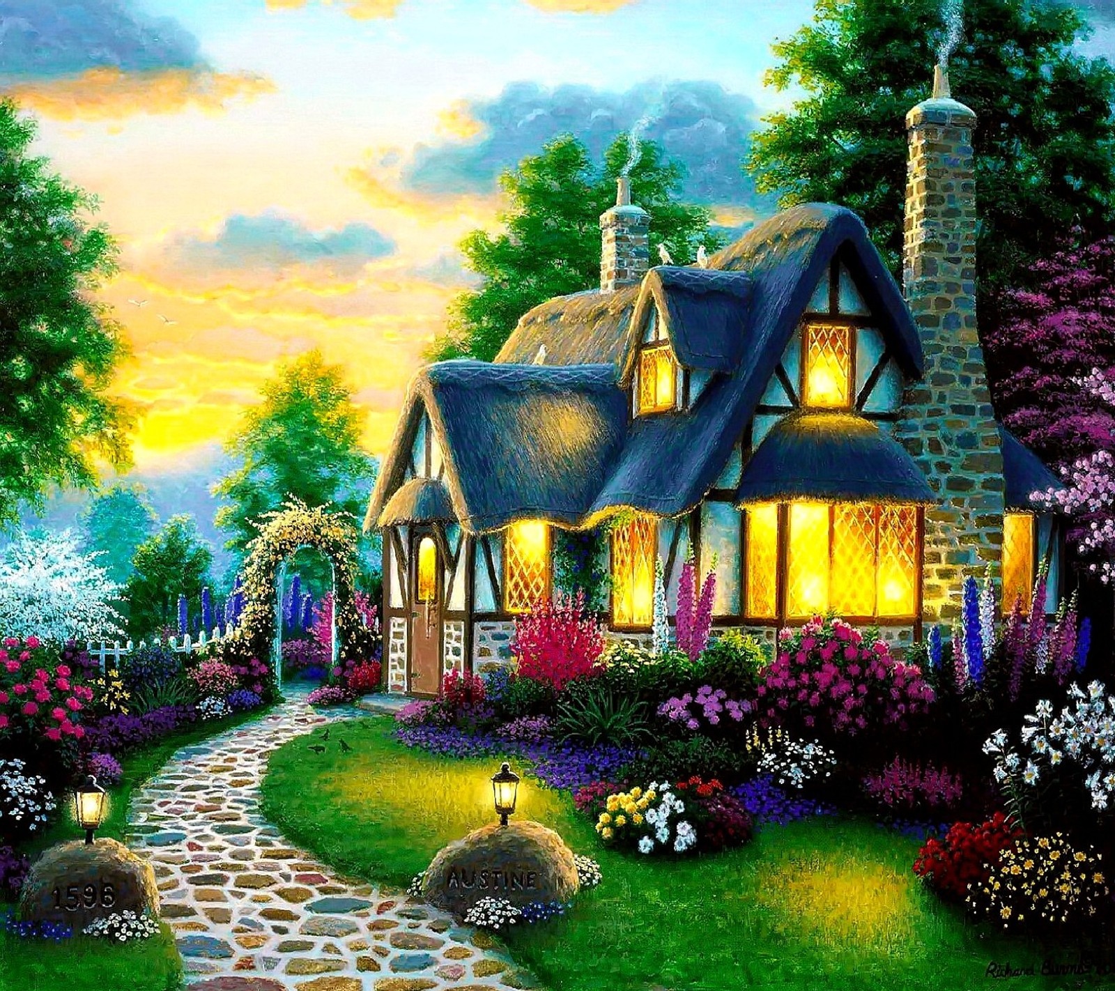 A painting of a cottage with a pathway leading to a garden (nature)