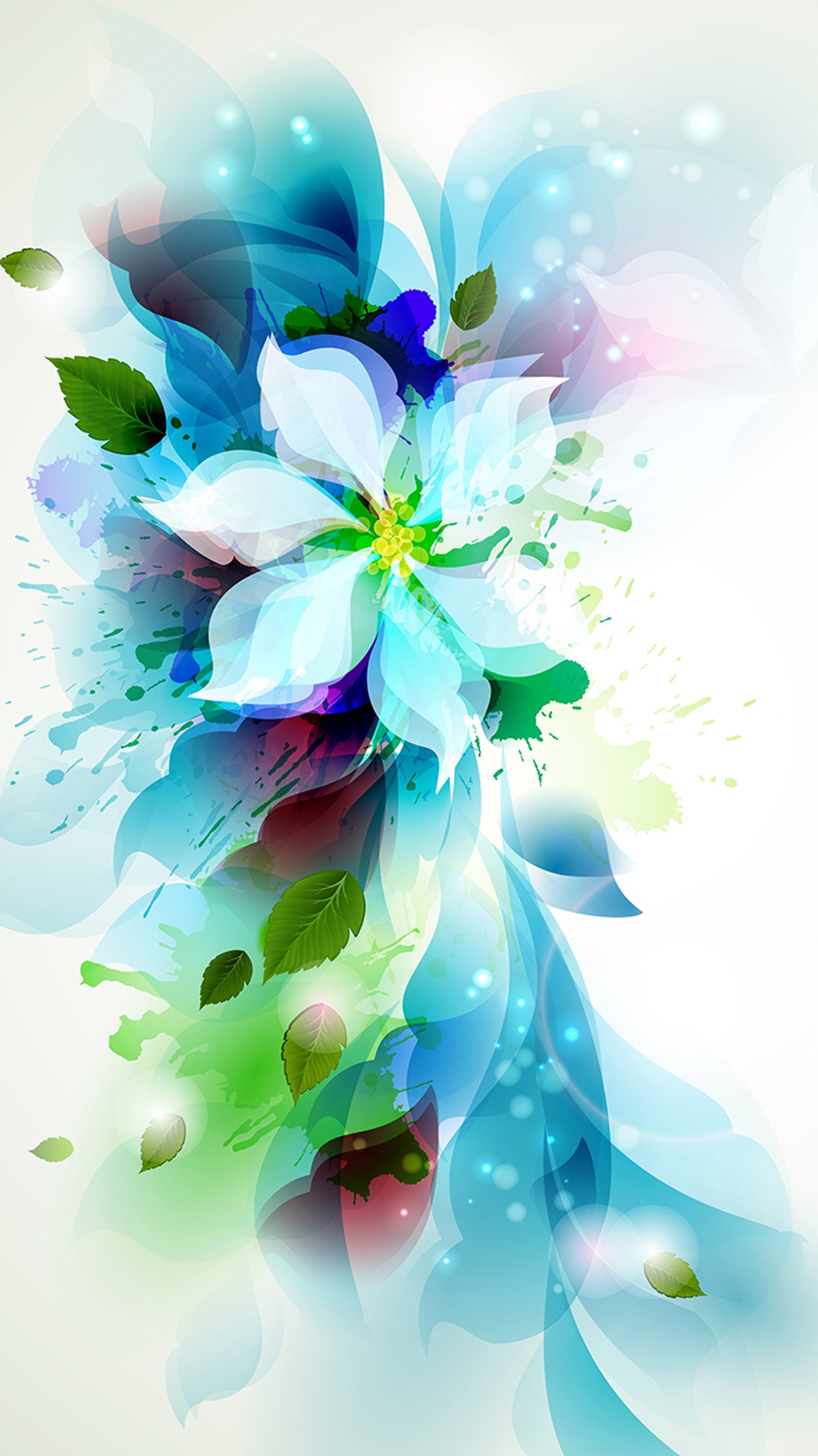 Flowers and leaves on a white background with blue and green colors (colourful, flower)