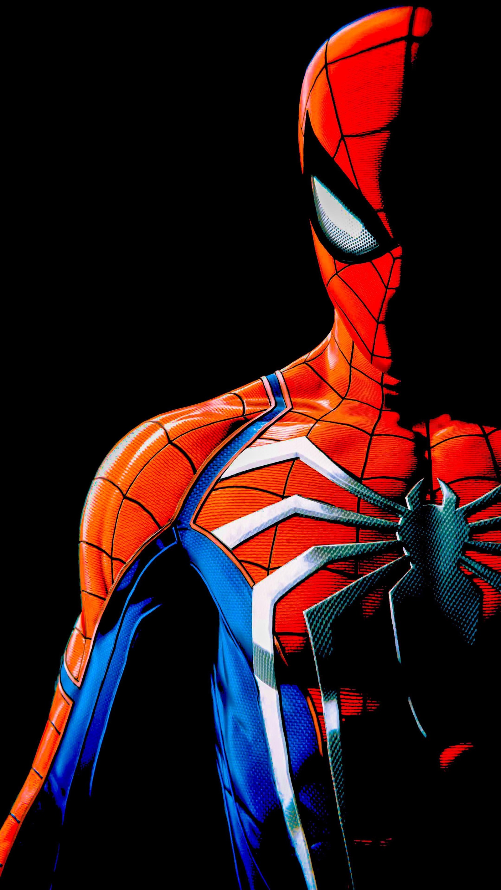 Spider-man en un costume rouge et bleu sur fond noir (amoled, économiseur de batterie, noir, dans le spider verse, homme)