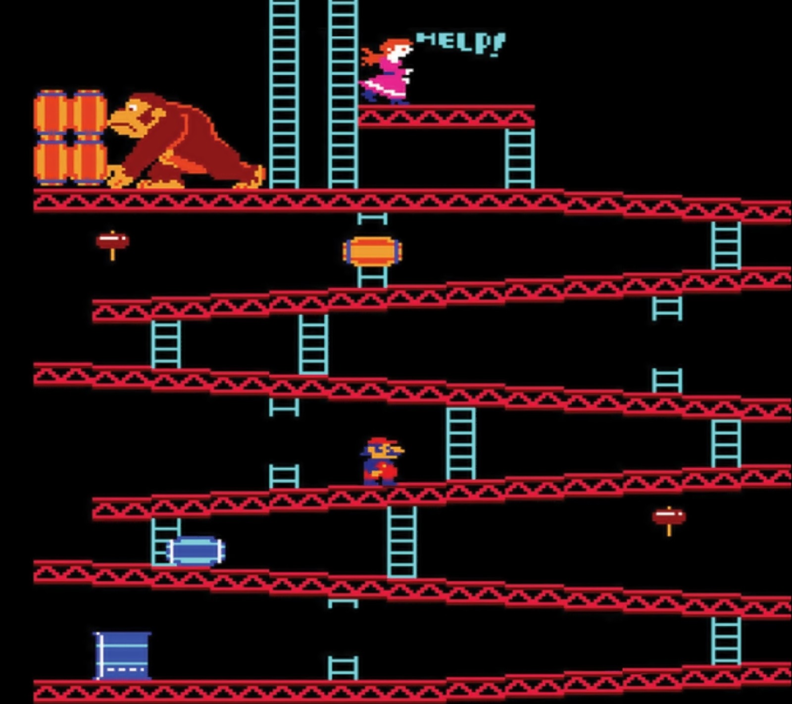 Una captura de pantalla de un videojuego con un burro y un hombre en una escalera (arcade, dk, burro, kong, mario)