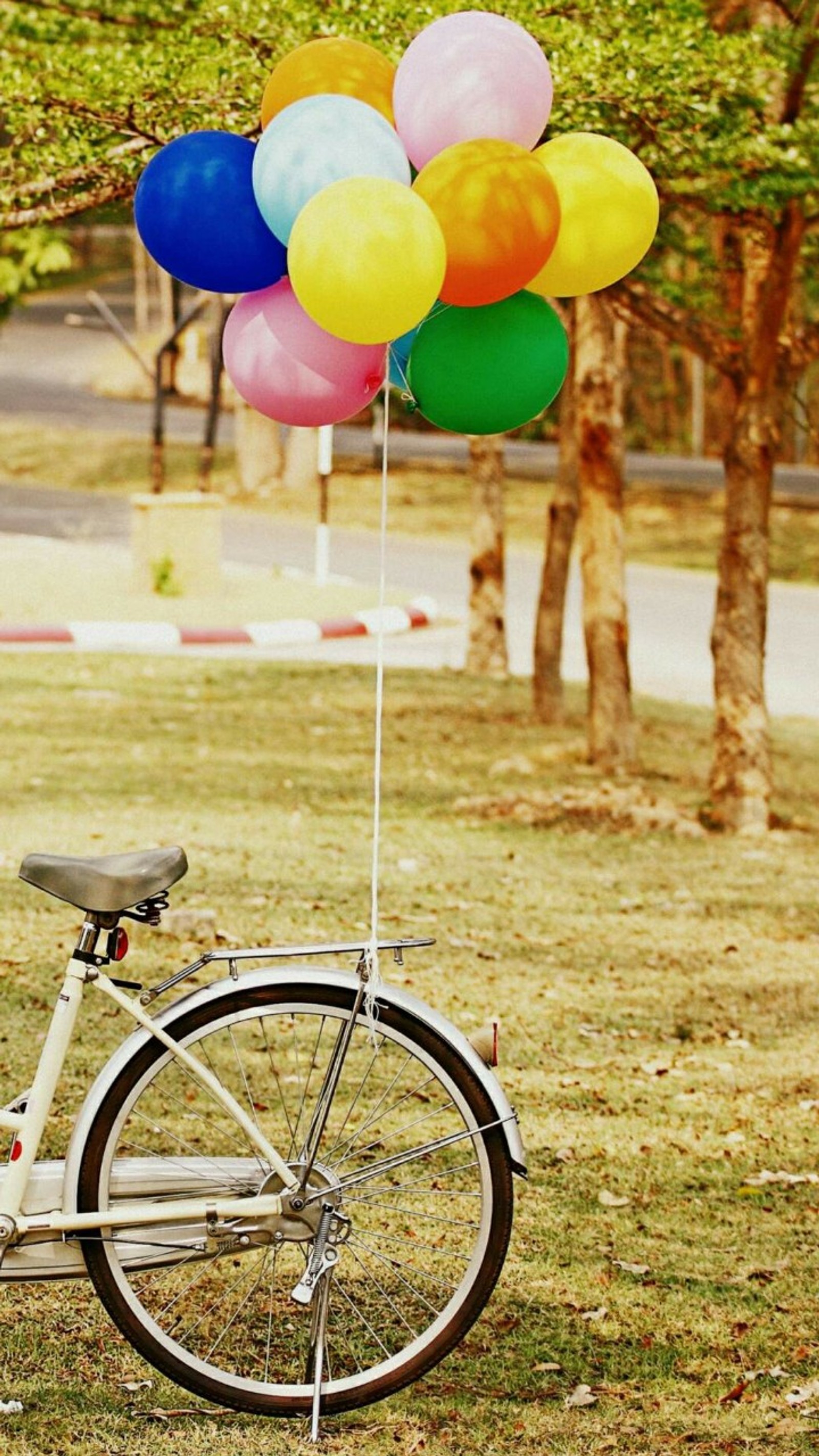 Ein fahrrad mit vielen daran befestigten ballons (luftballons, fahrrad, farben)