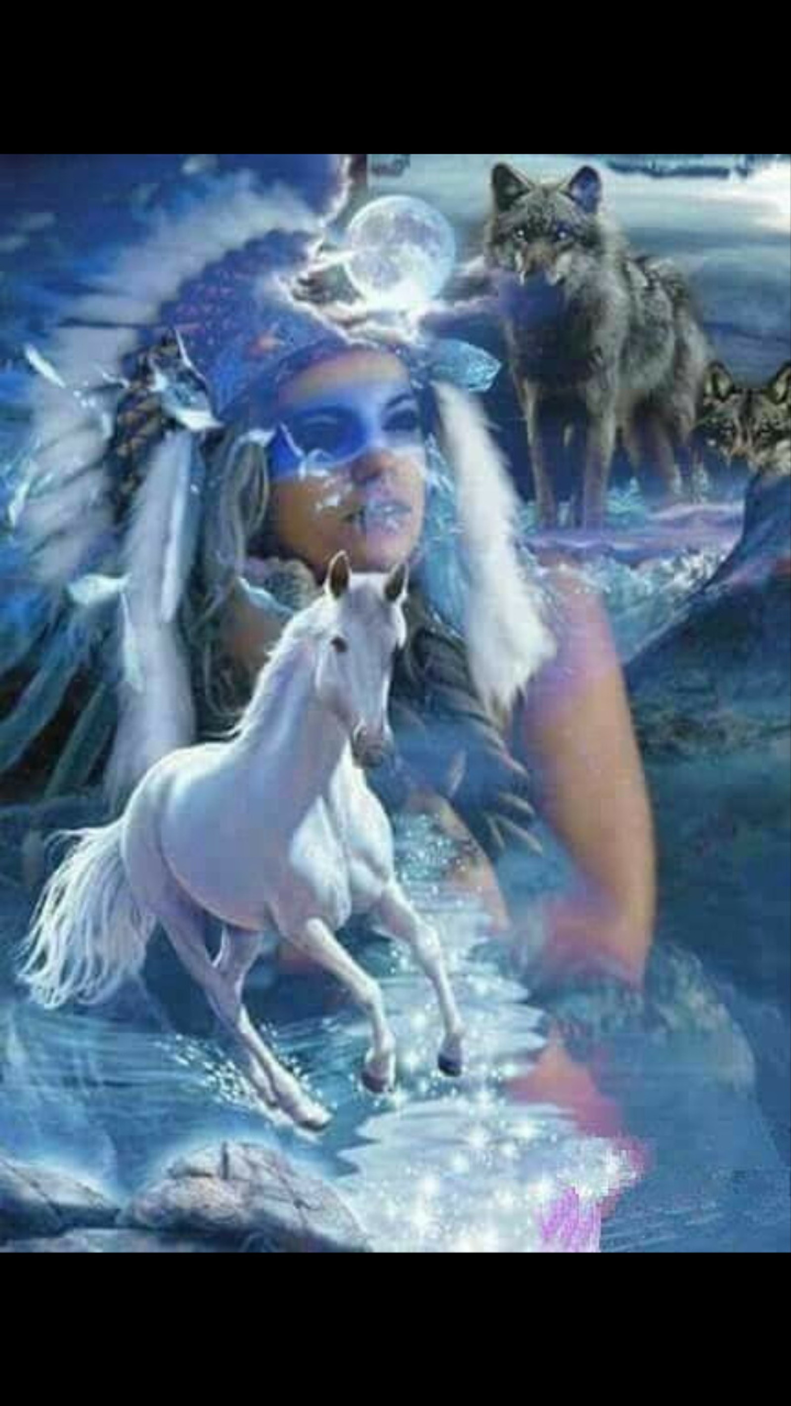 Pintura de una mujer con un gato y dos caballos en el agua (caballo, indian girl, lobo)