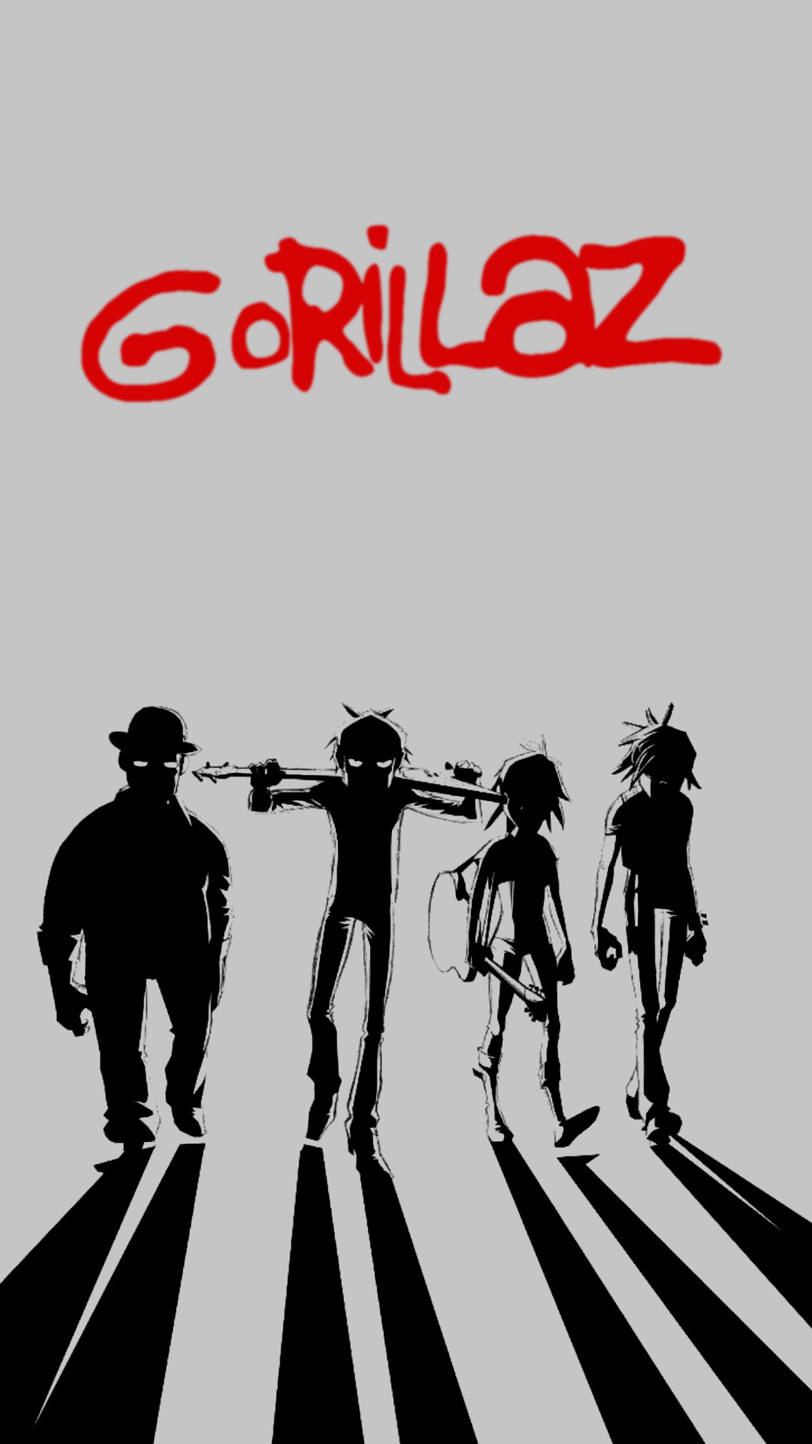 Um desenho de um grupo de pessoas atravessando uma rua (gorillaz, murdoc, 2 d, macarrão, russel)