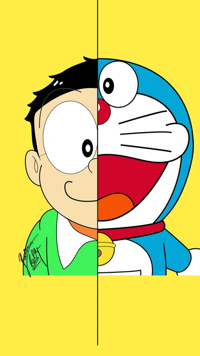 Portrait minimaliste d'un garçon et de Doraemon