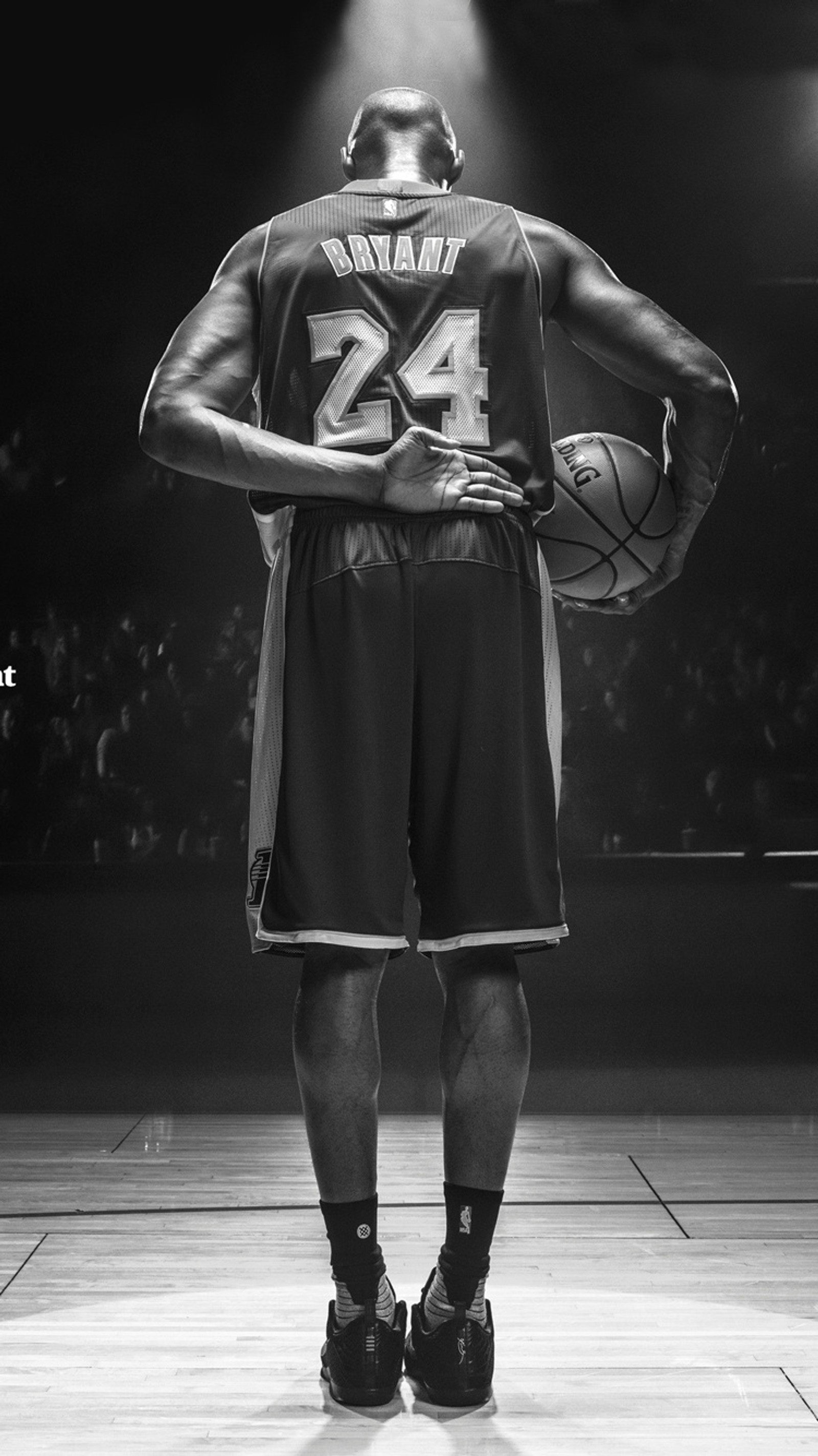 Une vue aérienne d'un joueur de basketball debout sur un terrain de dos à la caméra (24, basket ball, bryant, gianna, jordan)