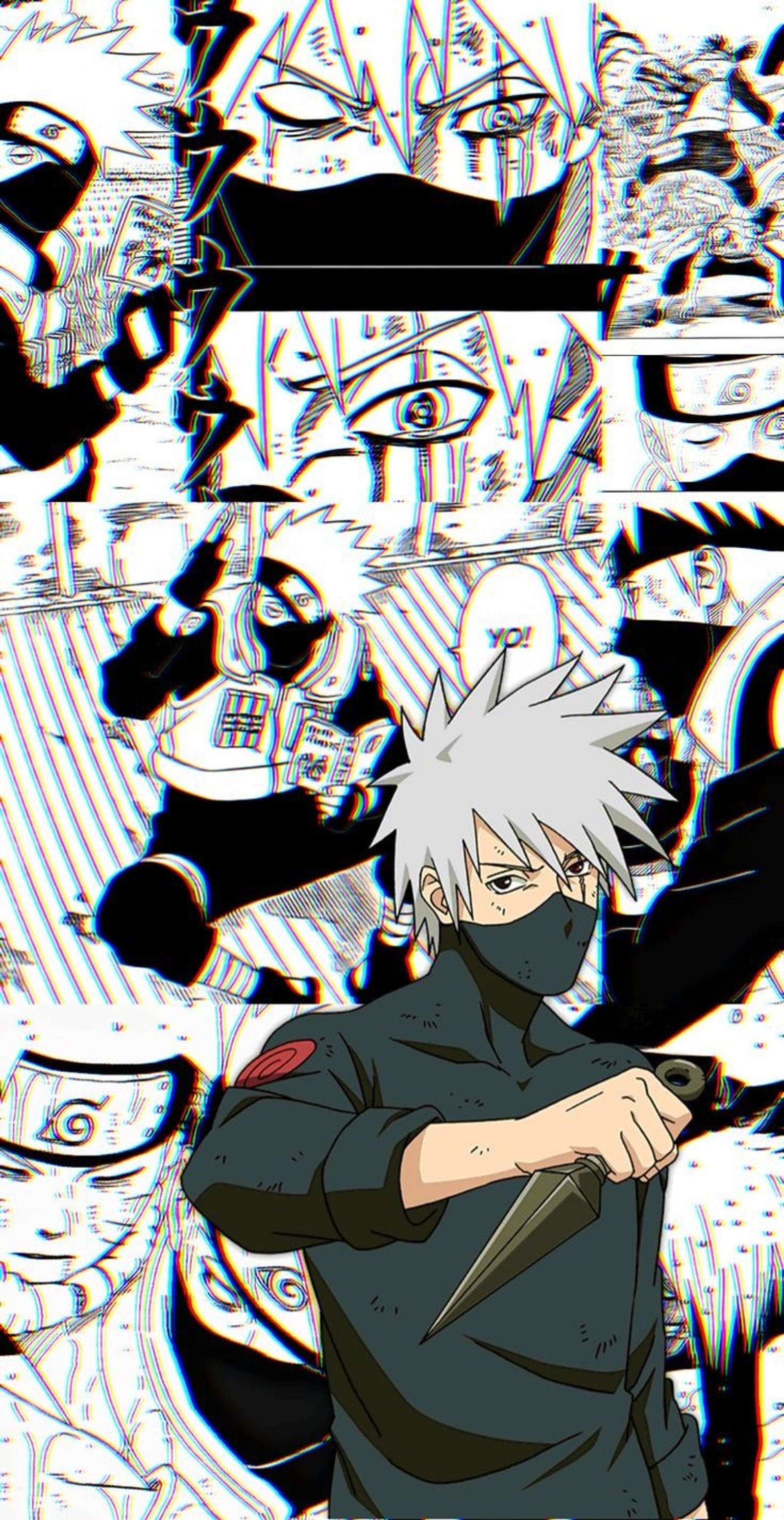 Personagem de anime com uma espada na frente de um fundo preto e branco (anime, animes, desenhos, kakashi, naruto)