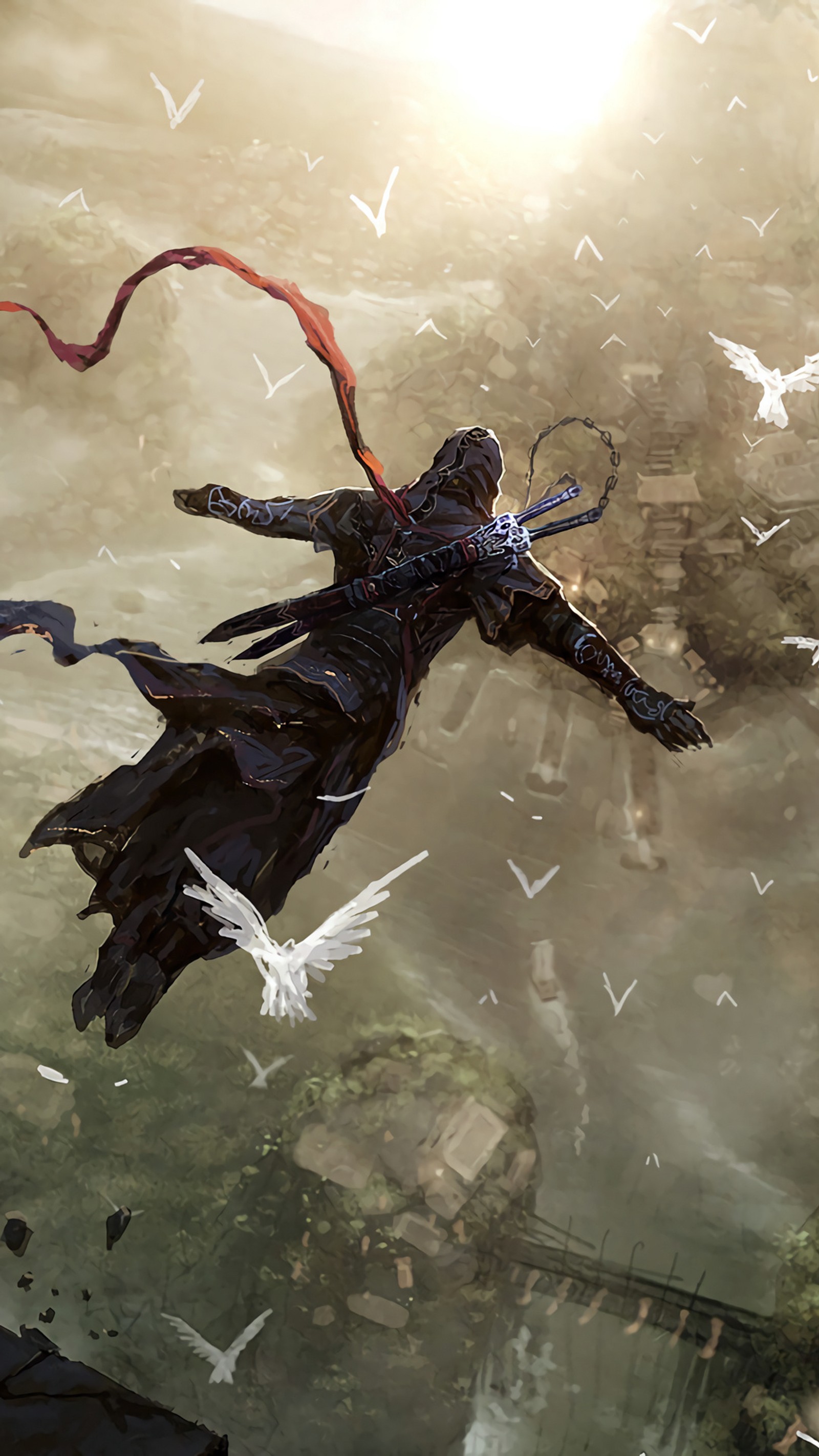 There is a man flying through the air with a kite (assassin, creed, tomb)