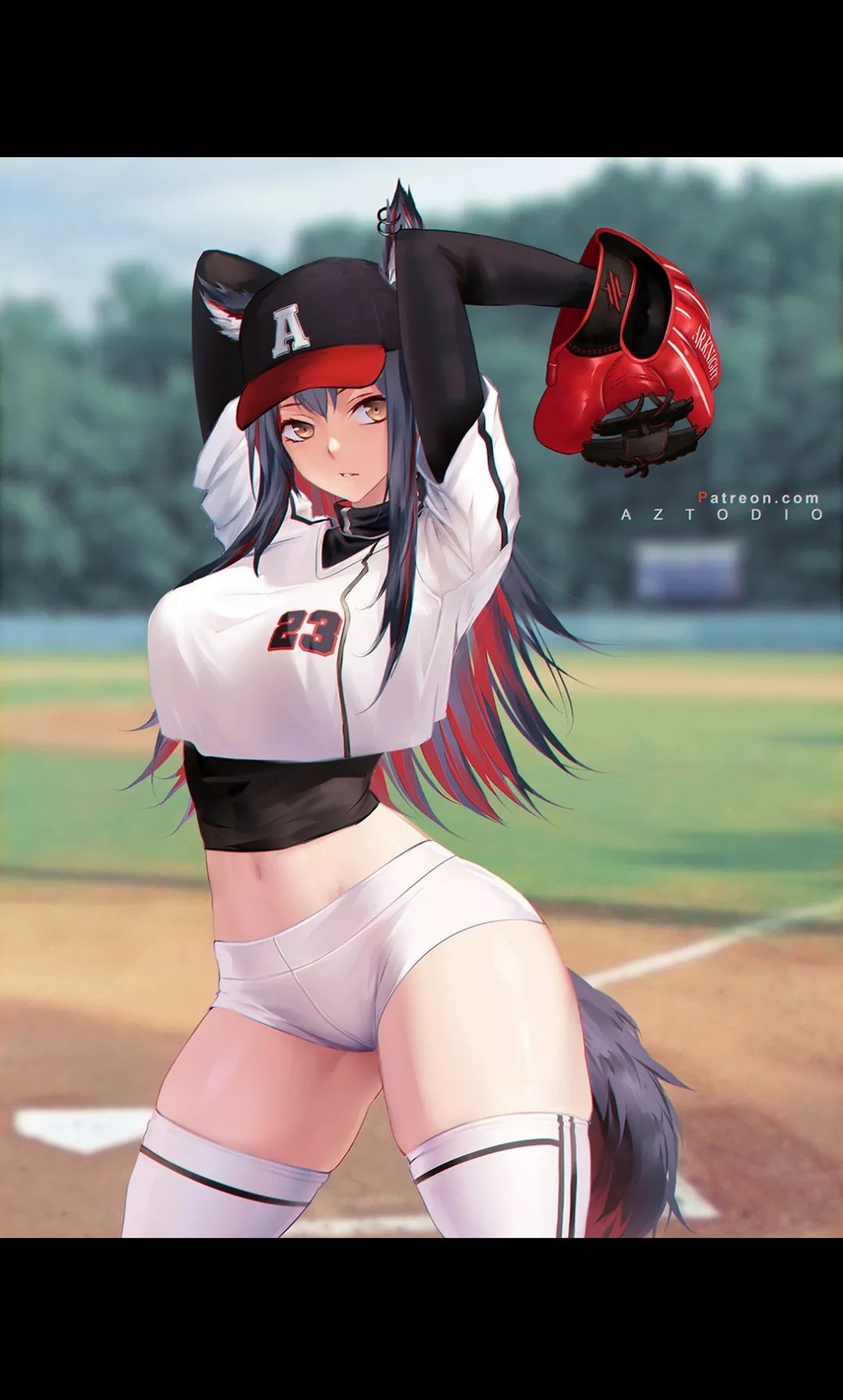 Chica de anime en un uniforme de béisbol con un guante en la cabeza (anime, patreon)