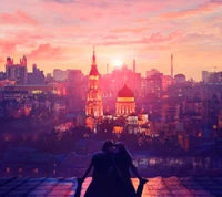 Romantic Sunset Embrace Over a Cityscape