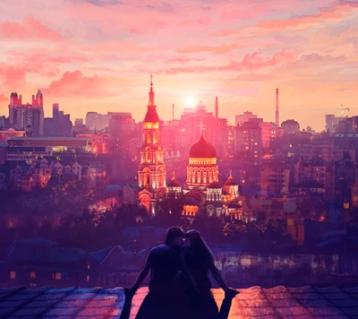 Étreinte romantique au coucher du soleil sur une ville