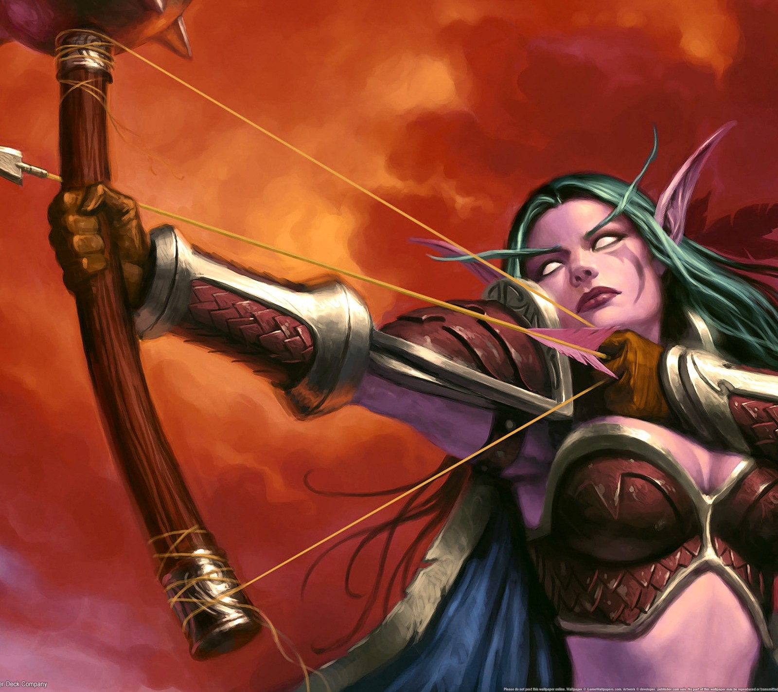 A close up of a woman with a bow and arrow (bow, elf, night, warcraft, warrior)